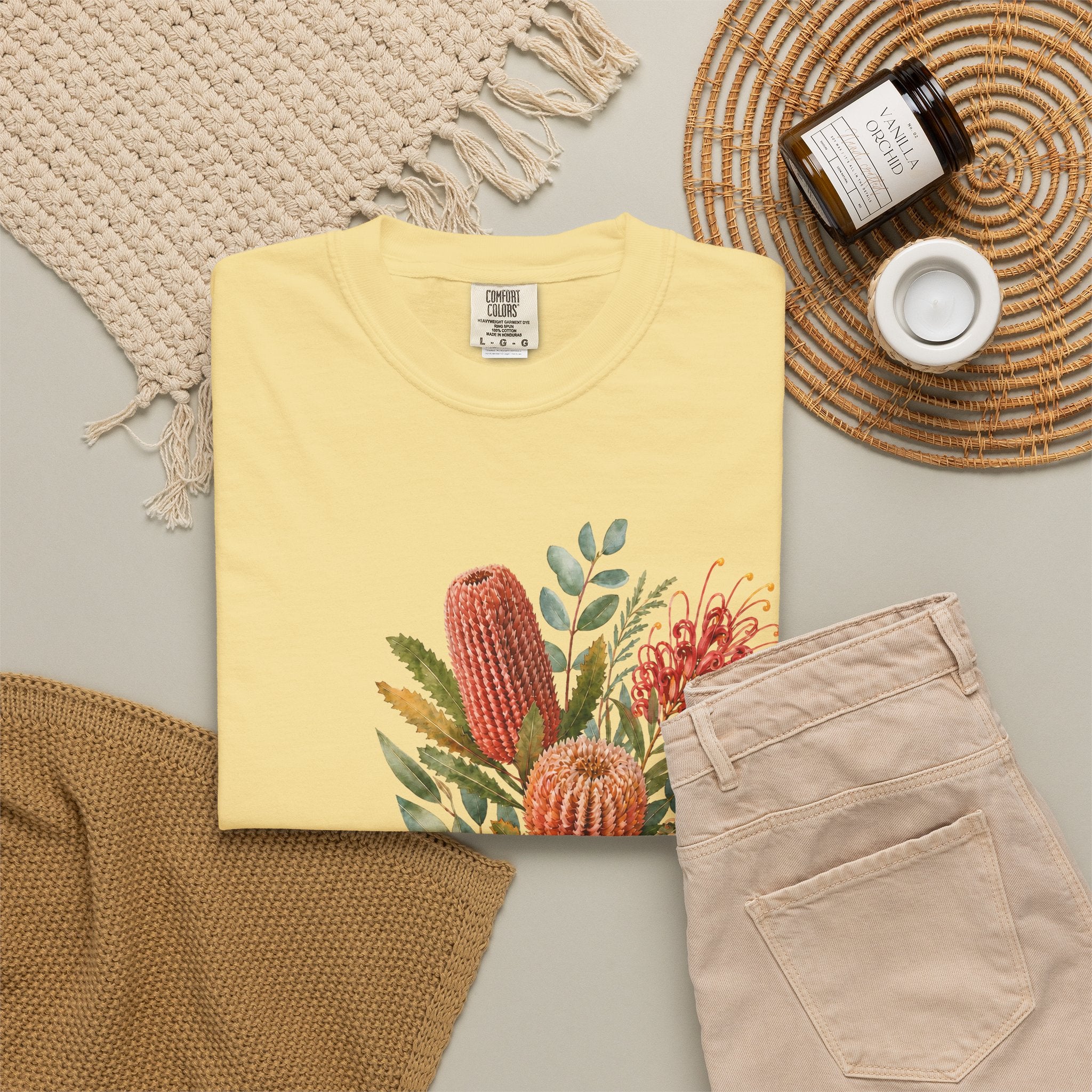 Butter T-shirt with colorful cactus-protea bouquet graphic, short sleeves crew neck
