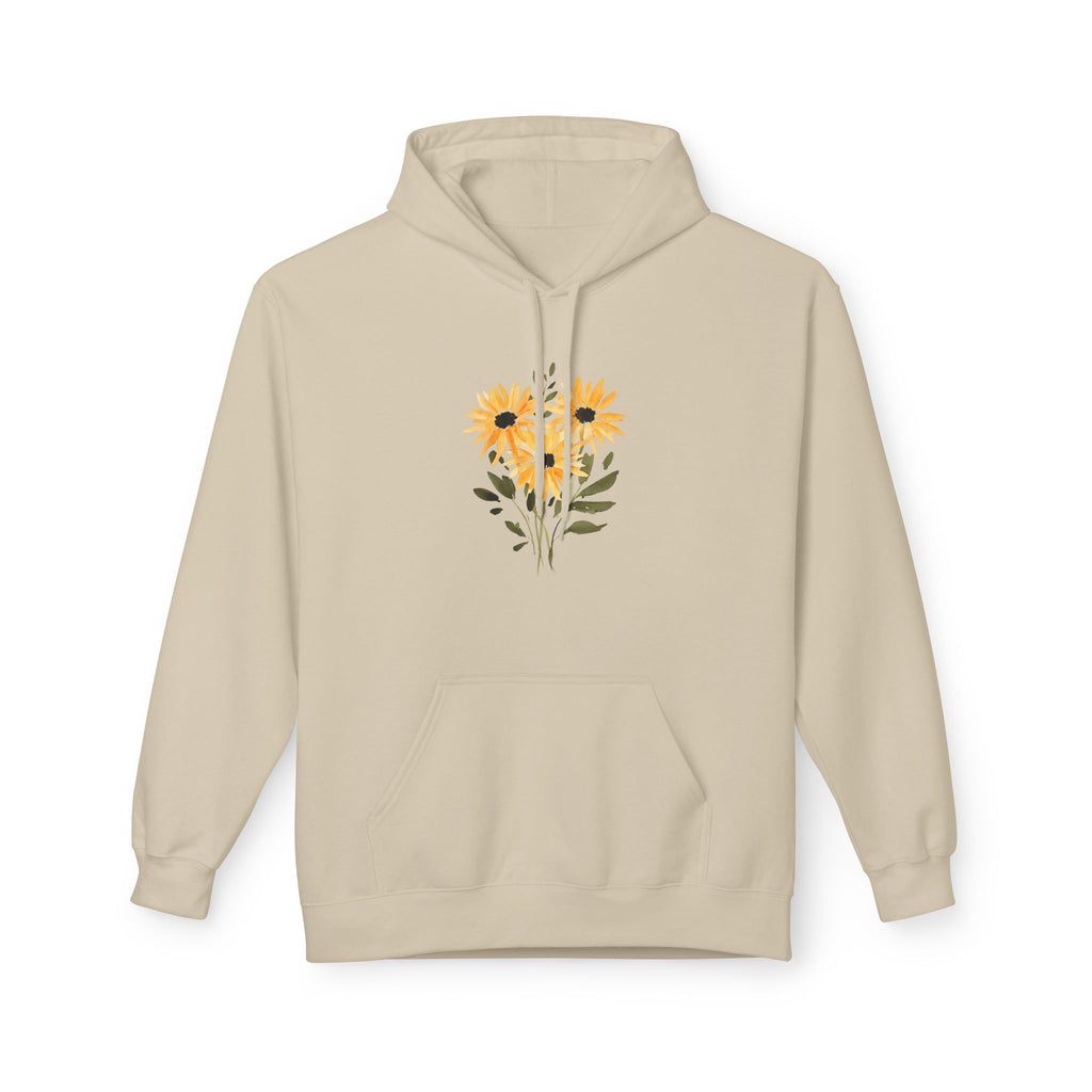 Sand hoodie with hood drawstrings, kangaroo pocket, and sunflower heart chest graphic