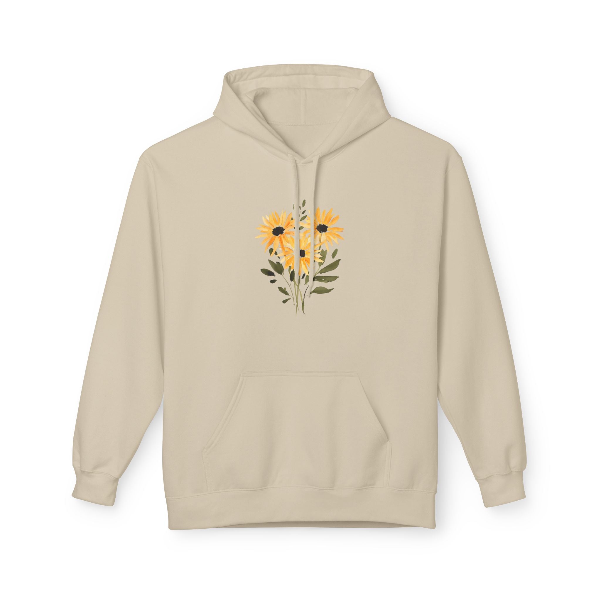 Sand hoodie with hood drawstrings, kangaroo pocket, and sunflower heart chest graphic