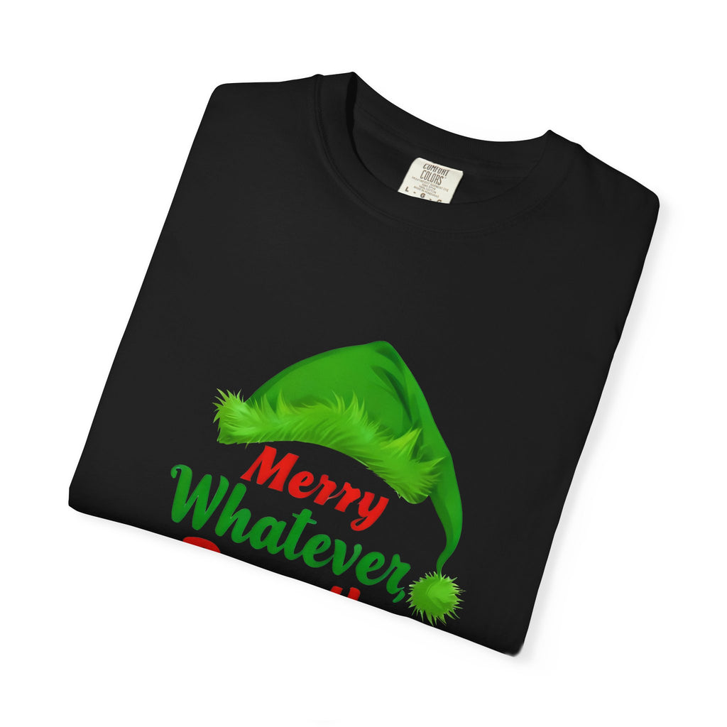 Black T-shirt folded view with green hat character graphic and 'Merry Whatever Pass the Wine' text