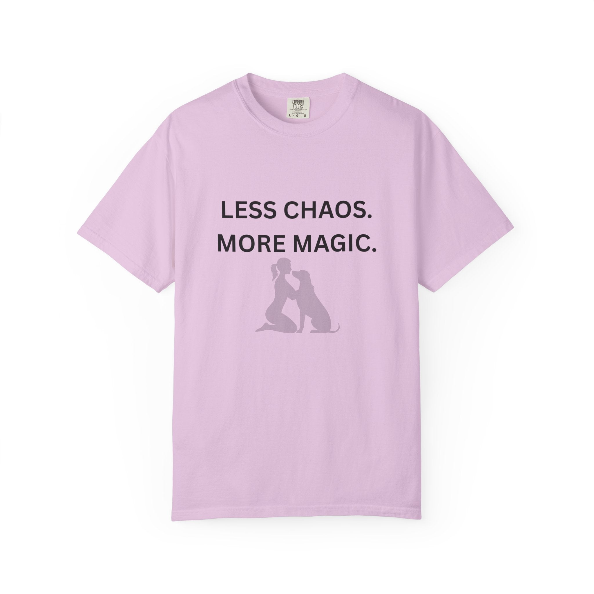 Women’s lavender T-shirt with “LESS CHAOS. MORE MAGIC.” text and dog silhouette graphic