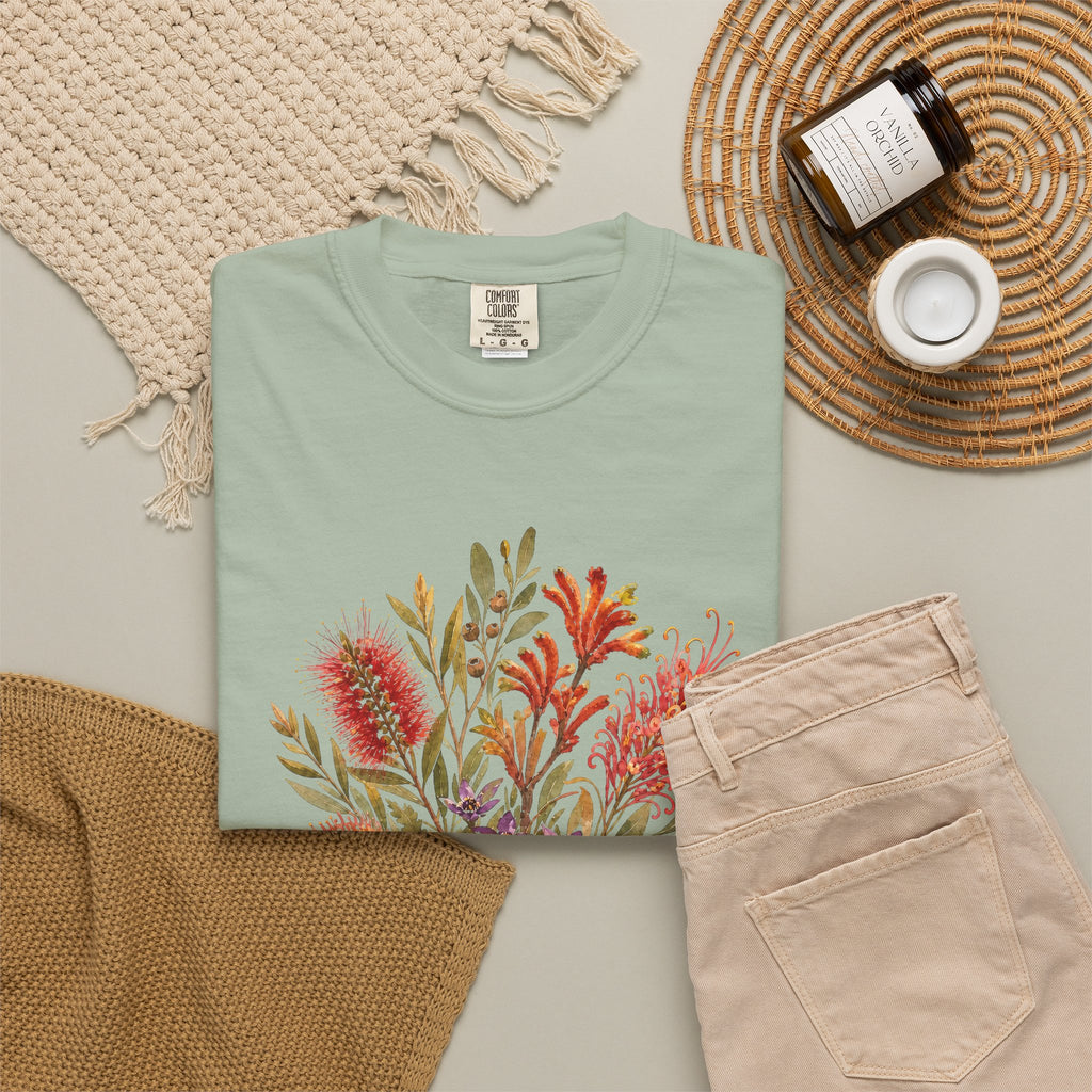 Sage green crew-neck T-shirt, colorful botanical bouquet print at center