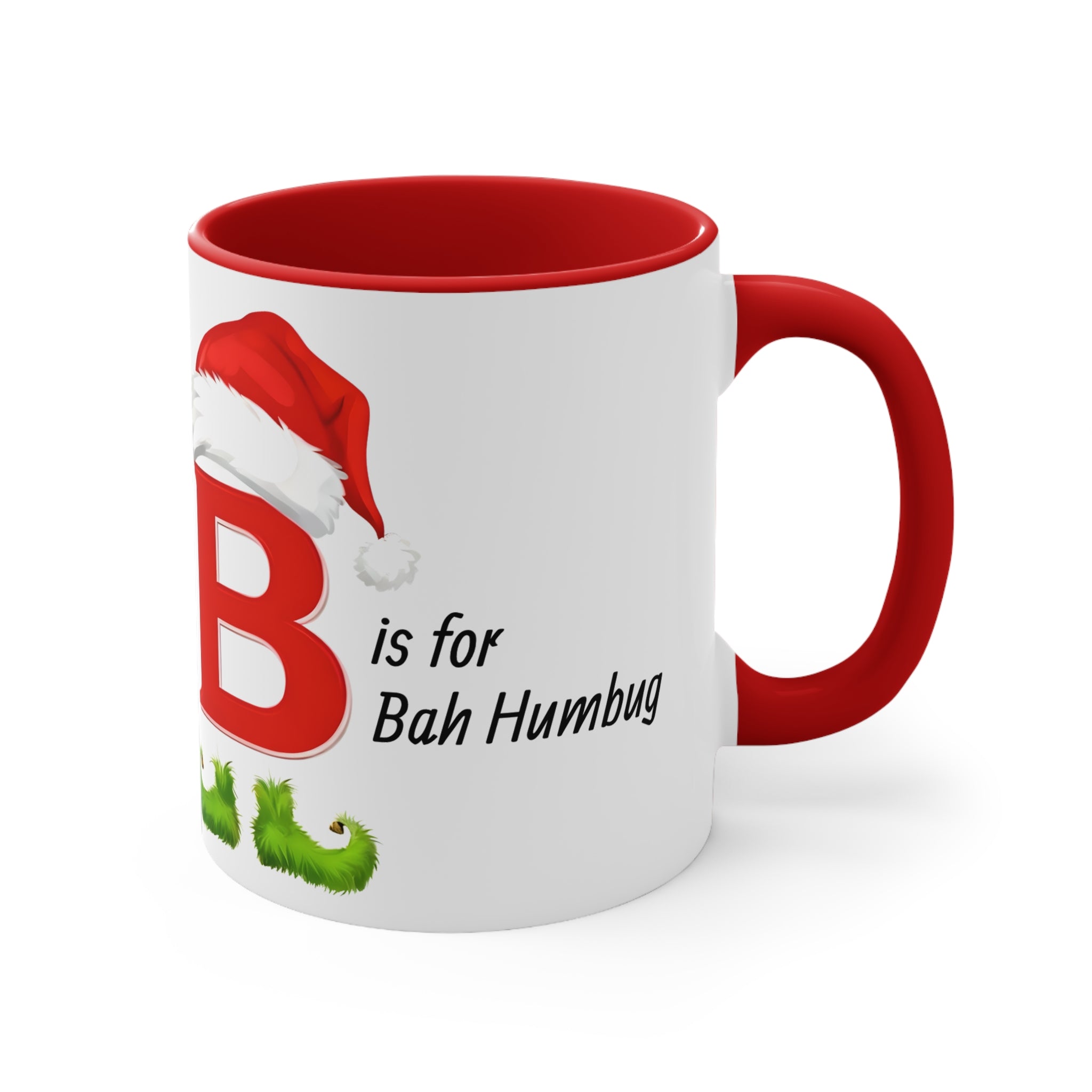 Christmas letter B mug, white with red handle and rim, Santa hat “B” and “Bah Humbug”