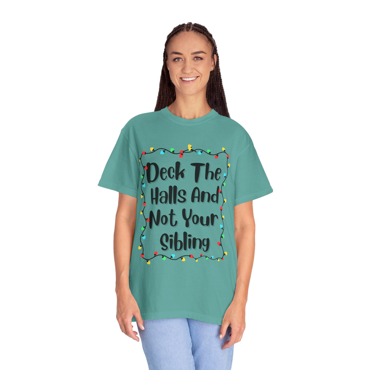 Teal T-shirt with colorful holiday lights graphic and funny text front