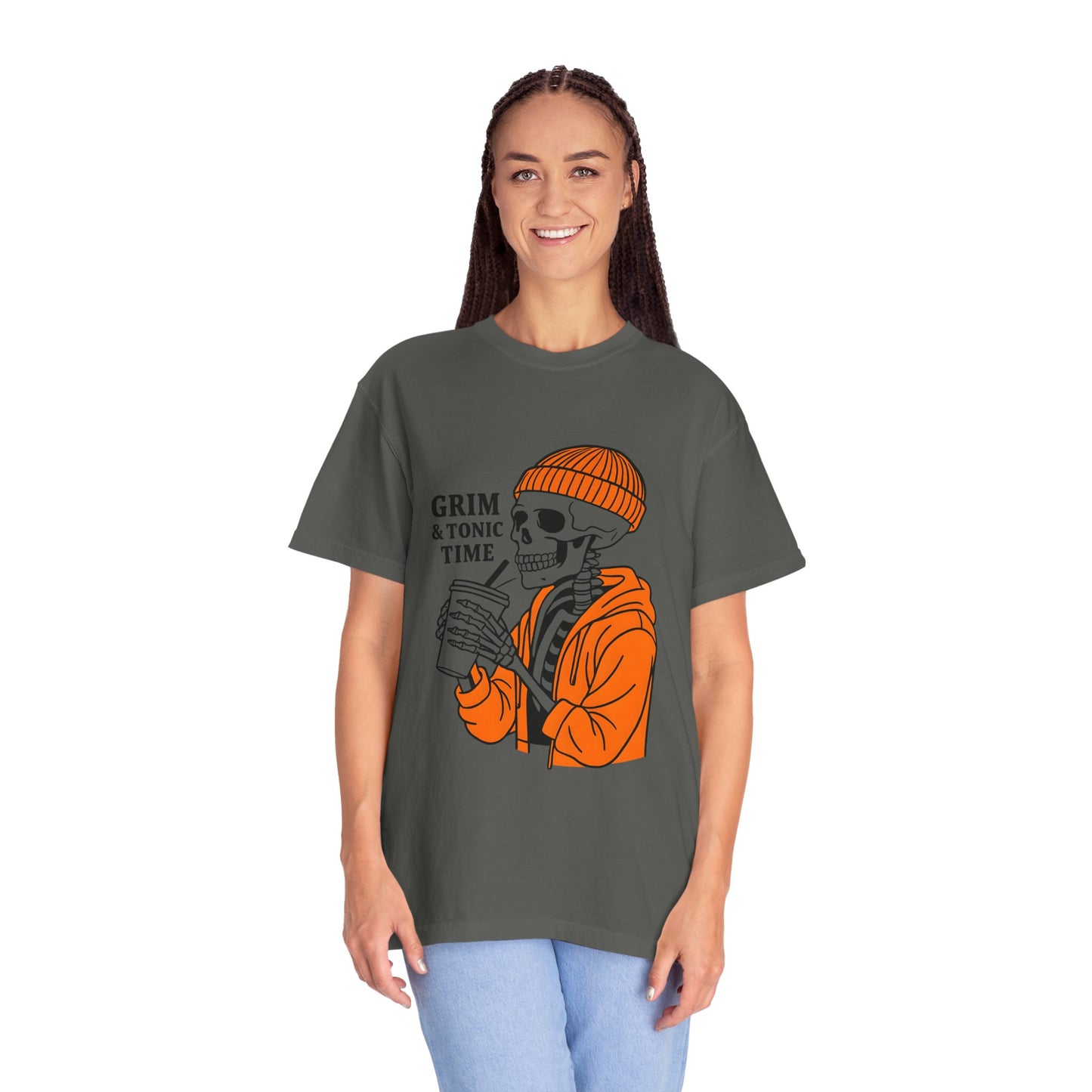 Grim & Tonic Time Graphic Tee, Casual Unisex T-Shirt, Perfect for Halloween, Gift for Spirits Lovers, Skulls and Sips Design