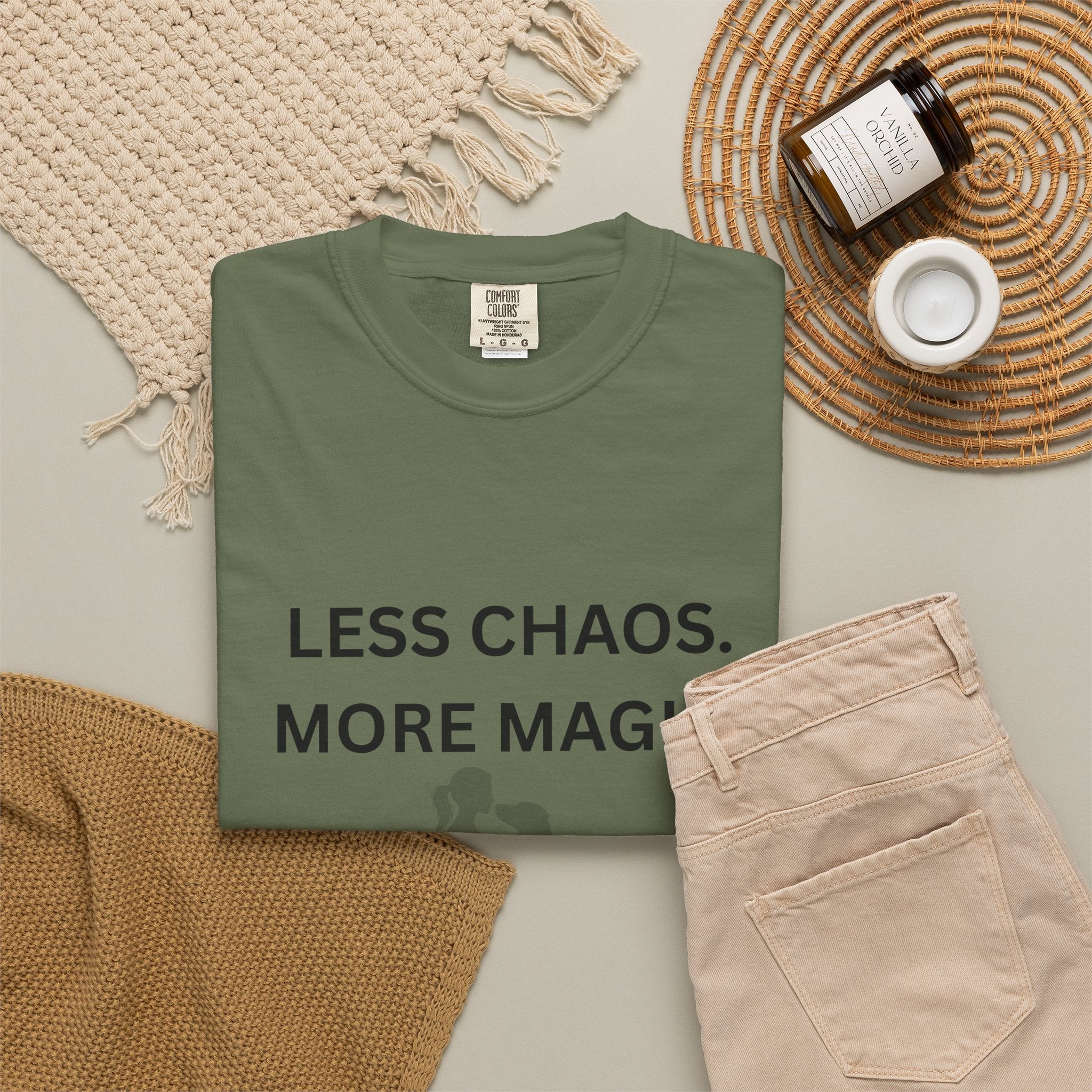 Less Chaos, More Magic T-Shirt — Woman + Dog Silhouette Graphic Tee