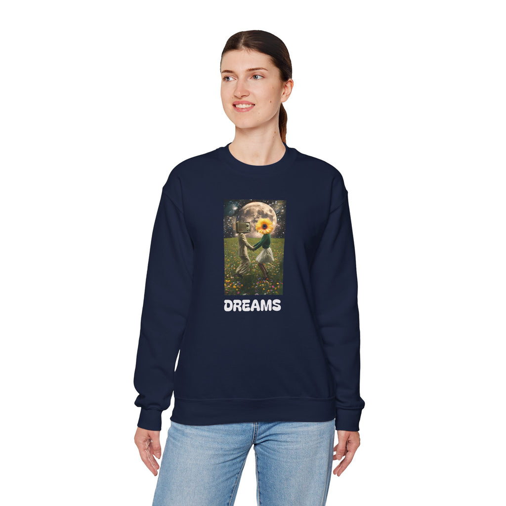 Navy crewneck sweatshirt on model, front print shows astronaut, flower, and DREAMS