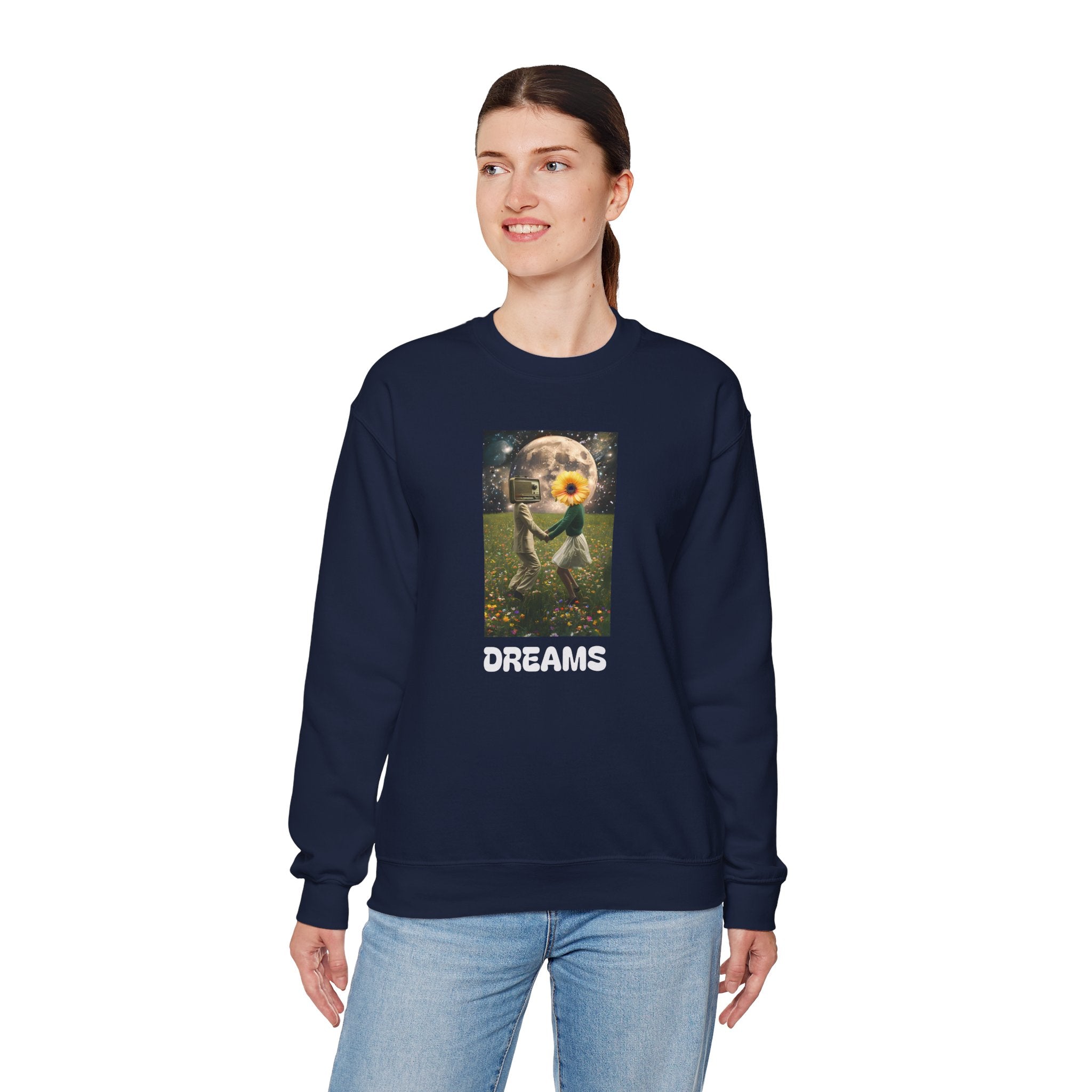 Navy crewneck sweatshirt on model, front print shows astronaut, flower, and DREAMS