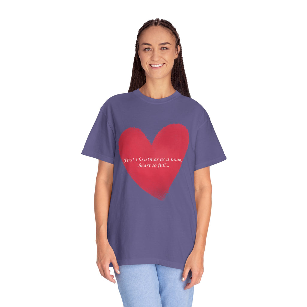 Lavender short-sleeve T-shirt featuring a red painted heart graphic at center chest