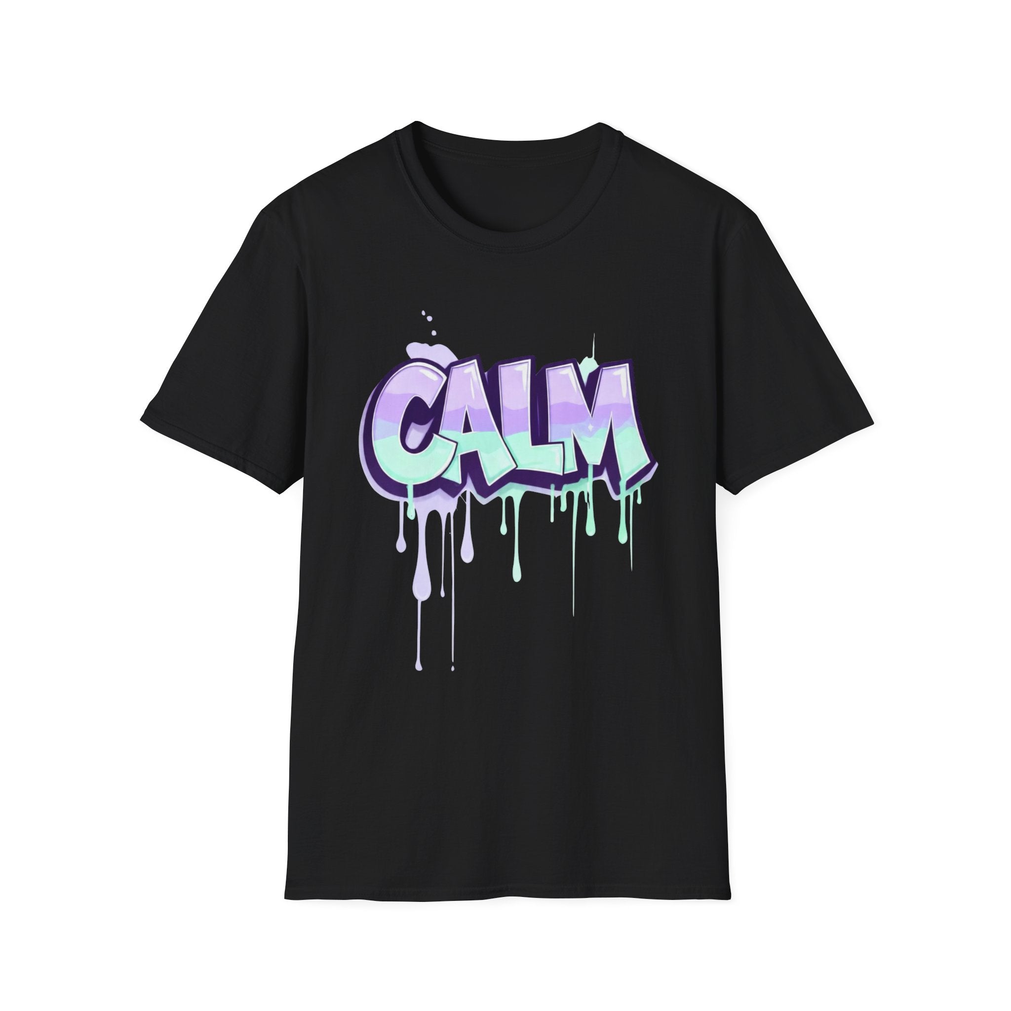 Ladies black graphic t-shirt with “CALM” graffiti logo and purple paint drips