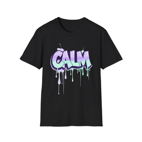 Ladies black graphic t-shirt with “CALM” graffiti logo and purple paint drips