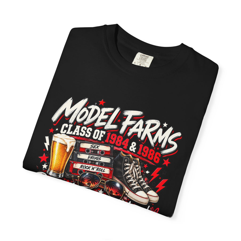 Black crewneck T-shirt with large front “Model Farms” class graphic and boots illustration
