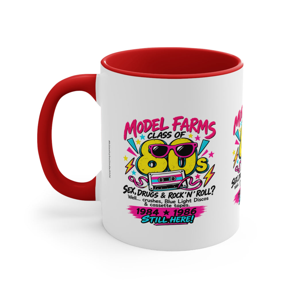 Red handle ceramic coffee mug with colorful retro farm-and-cassette graphic