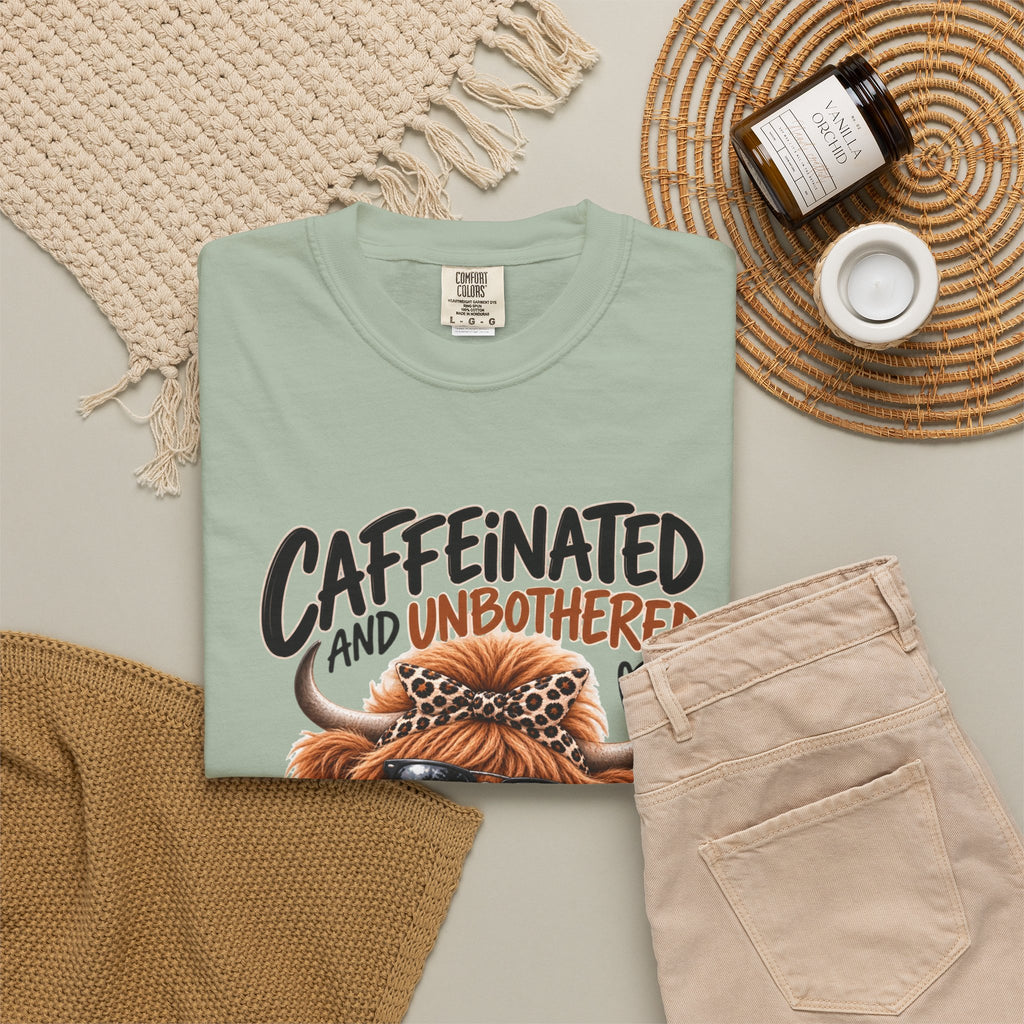 Caffeinated and Unbothered Dog T-Shirt — Cute Coffee Pup Graphic Tee