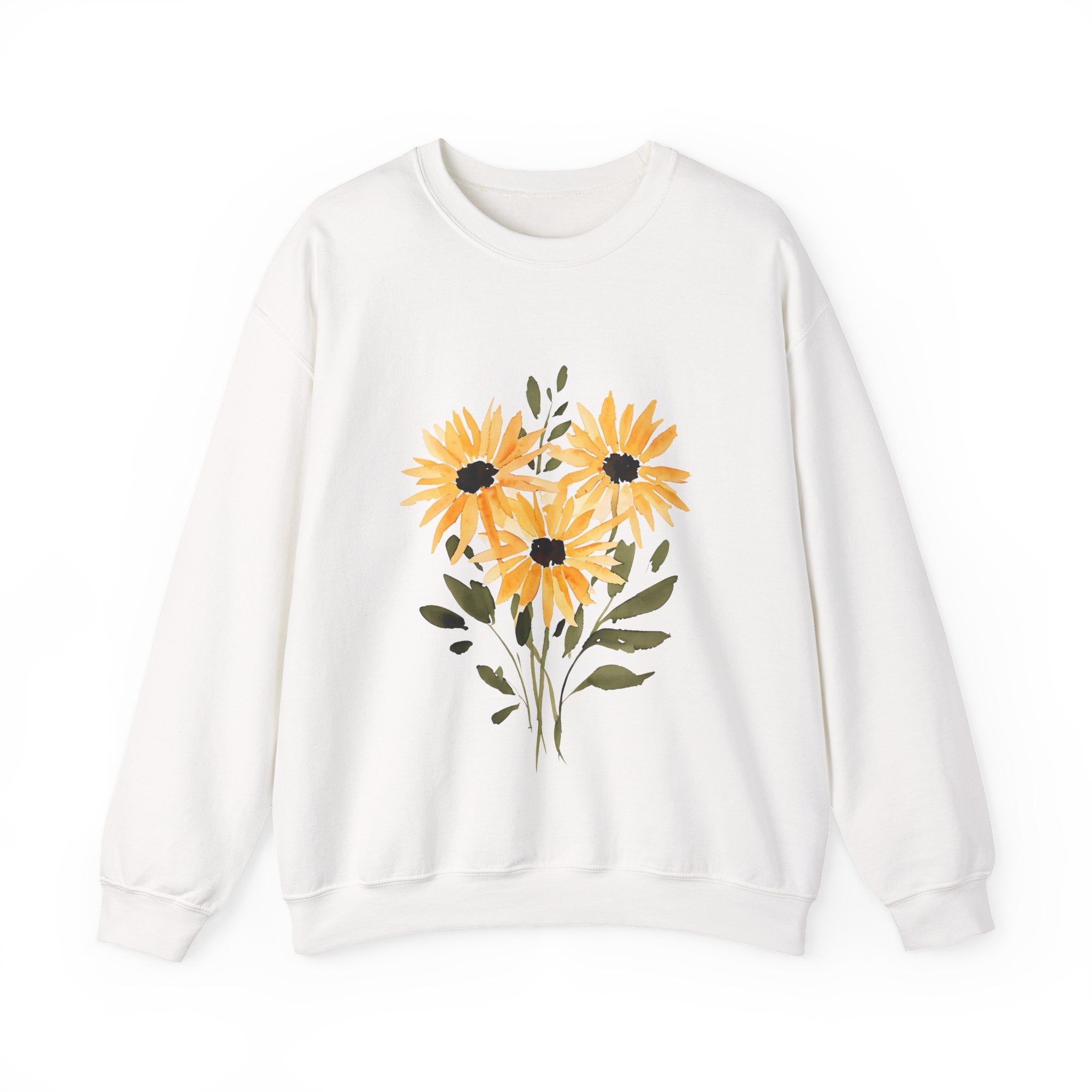 White crewneck sweatshirt with orange sunflower bouquet graphic on the front