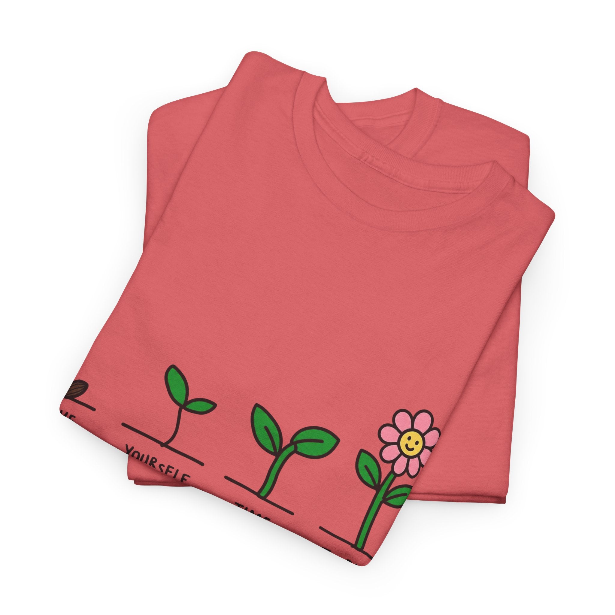 Coral T-shirt with sprout-and-flower growth graphic, folded and laid flat