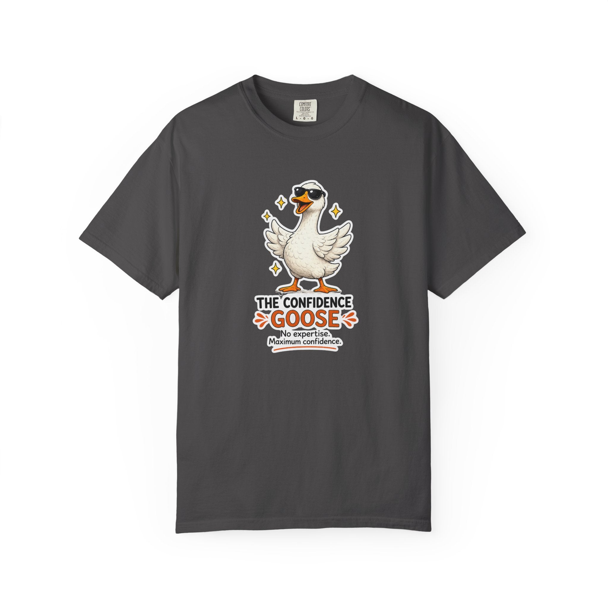 Dark gray goose graphic T-shirt with motivational text