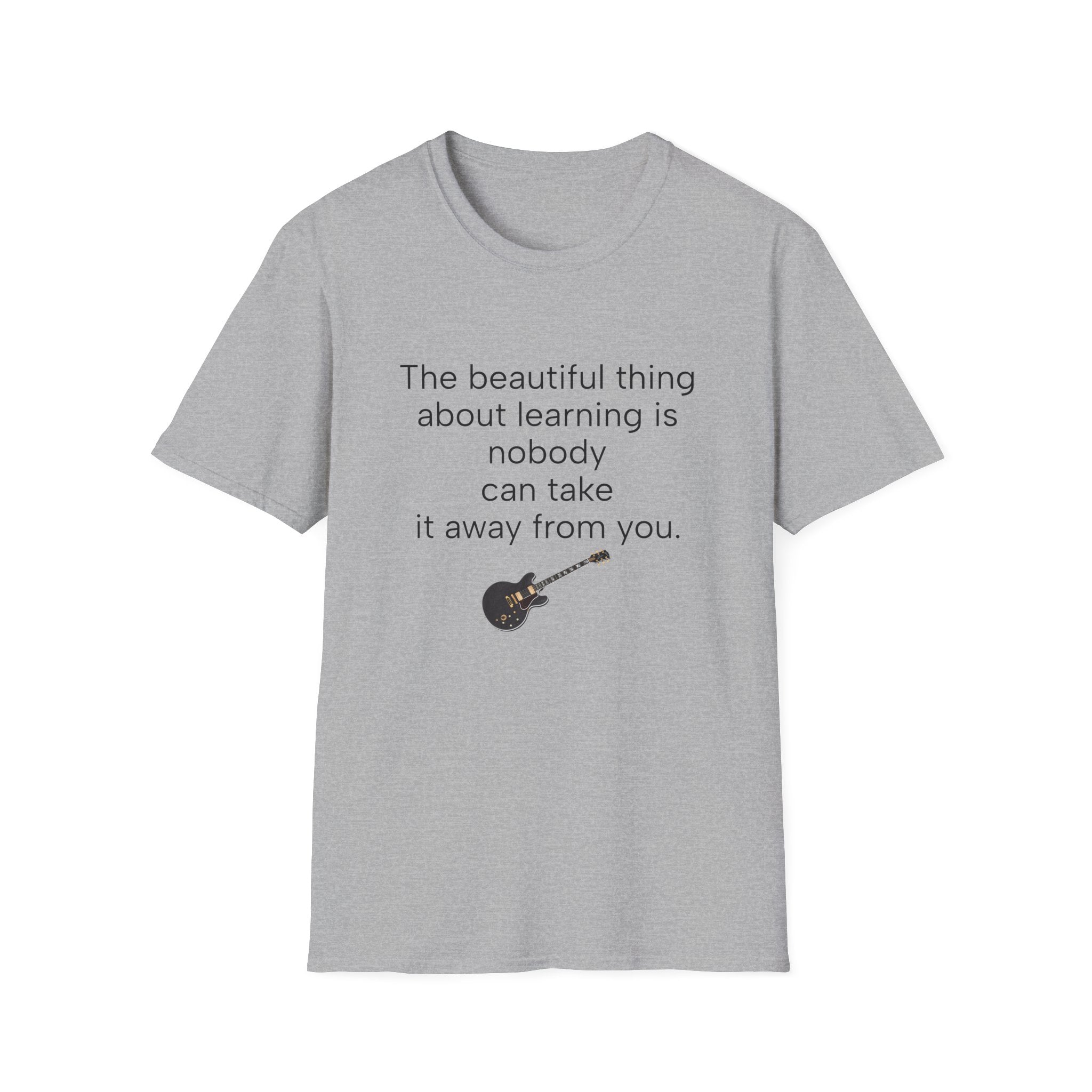 Heather gray unisex T-shirt with centered learning quote text and guitar graphic