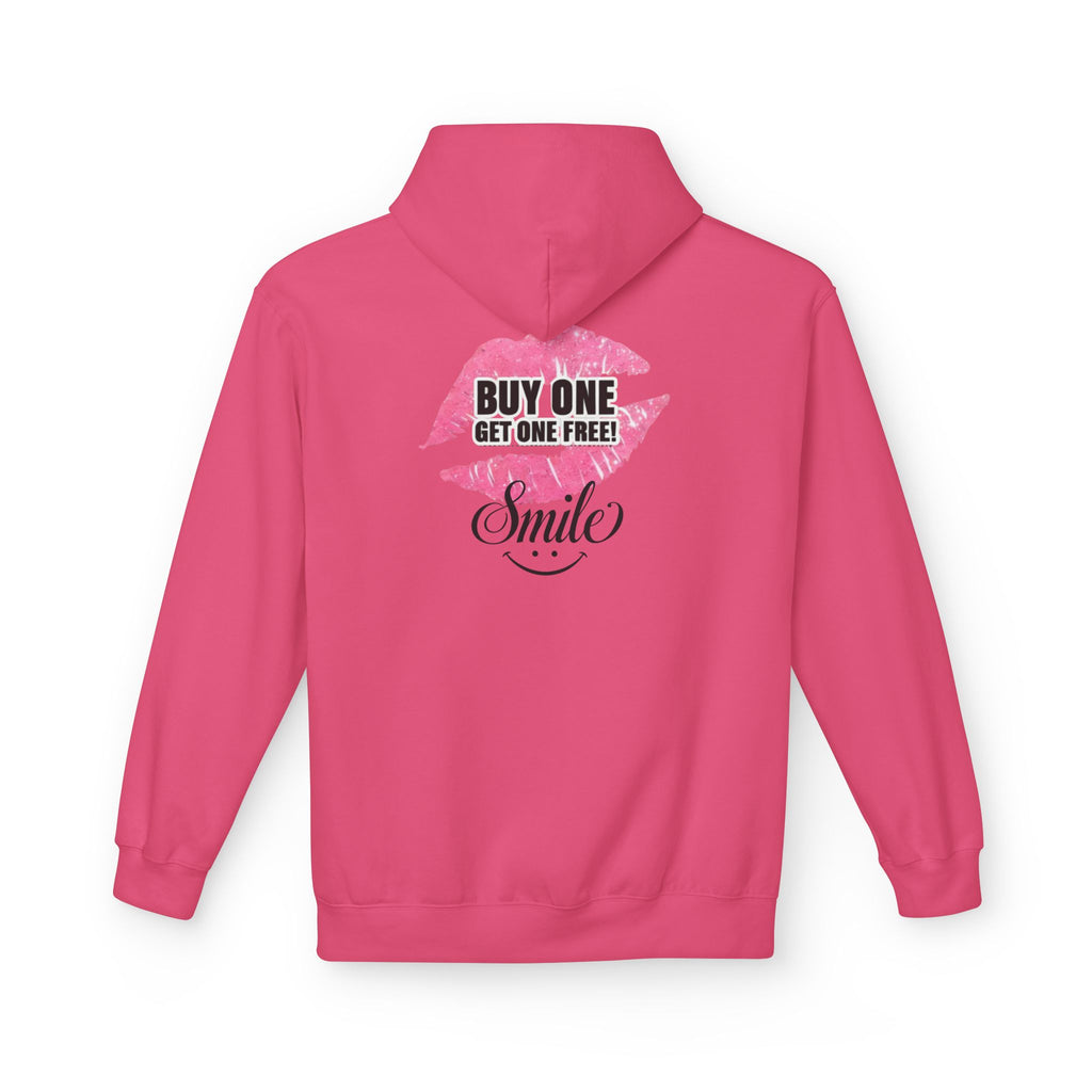 Fuchsia pink hoodie with pink 'Buy One Get One Free' Smile front graphic print
