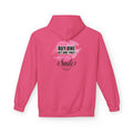 Fuchsia pink hoodie with pink 'Buy One Get One Free' Smile front graphic print