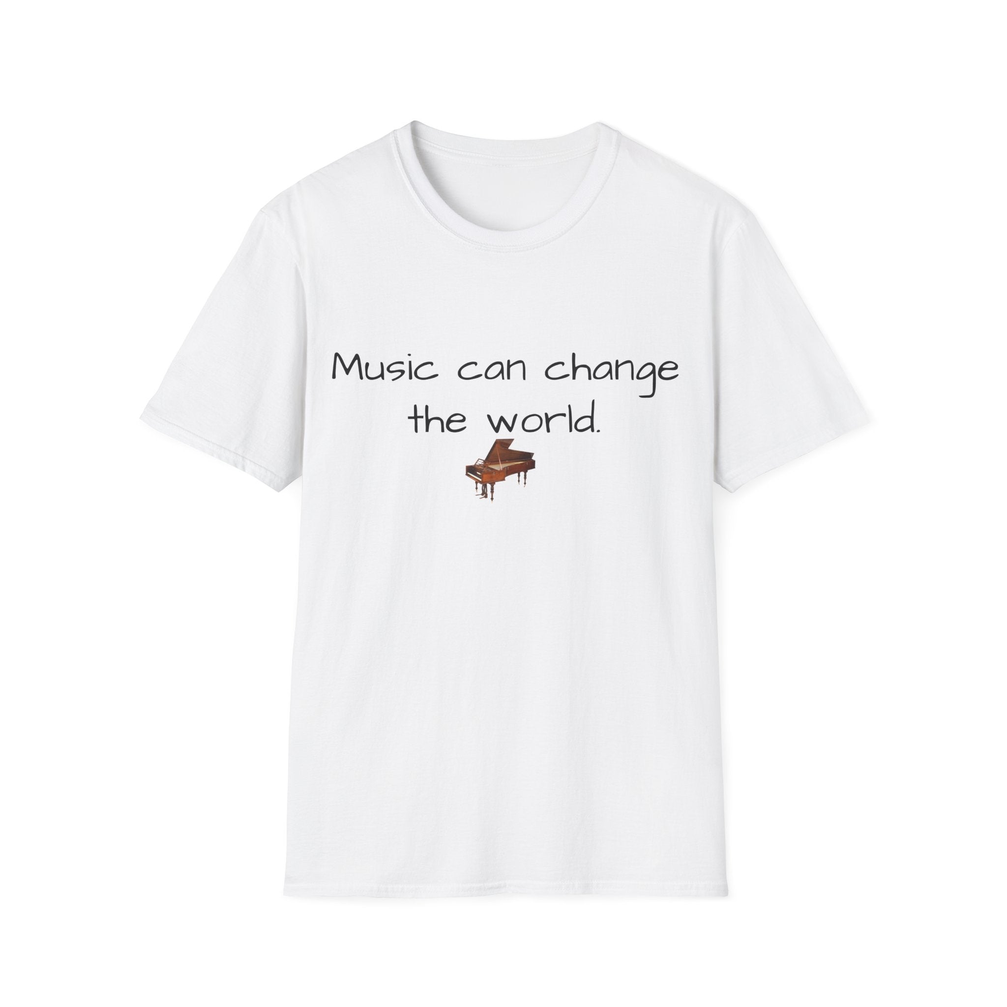 White unisex T-shirt with 'Music can change the world' text and piano graphic