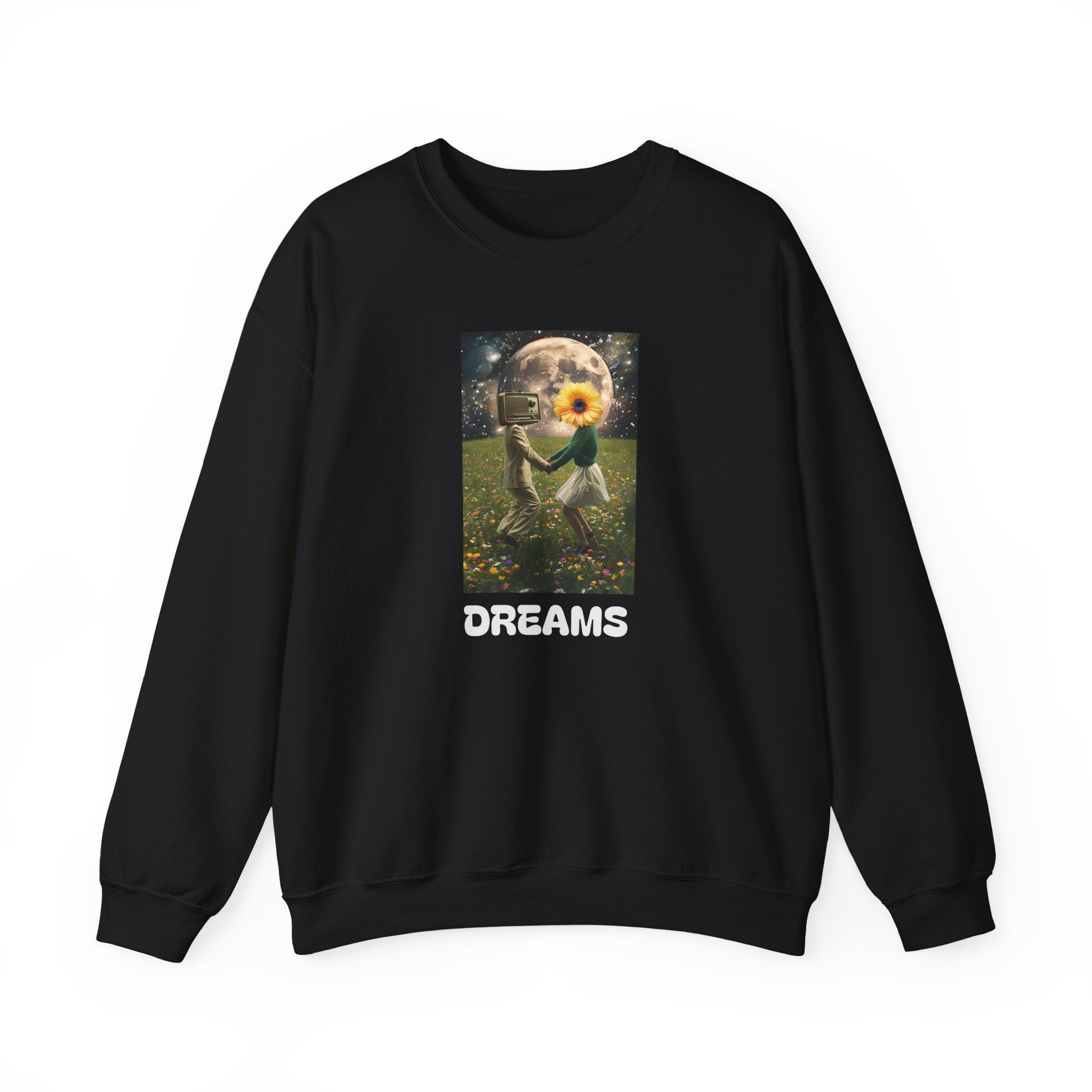 Black sweatshirt with square front graphic and 'DREAMS' text, crew neck