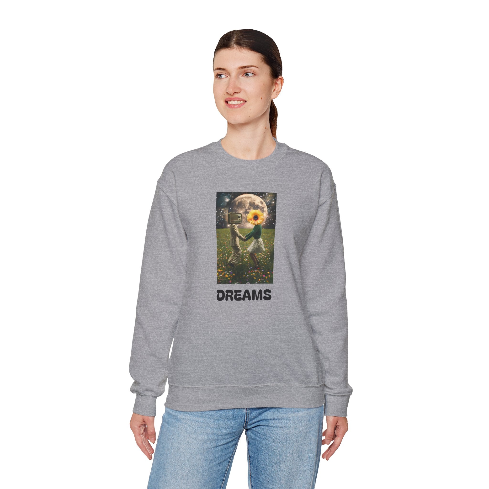 Sport grey sweatshirt on model with square front print and 'DREAMS' lettering, crew neck