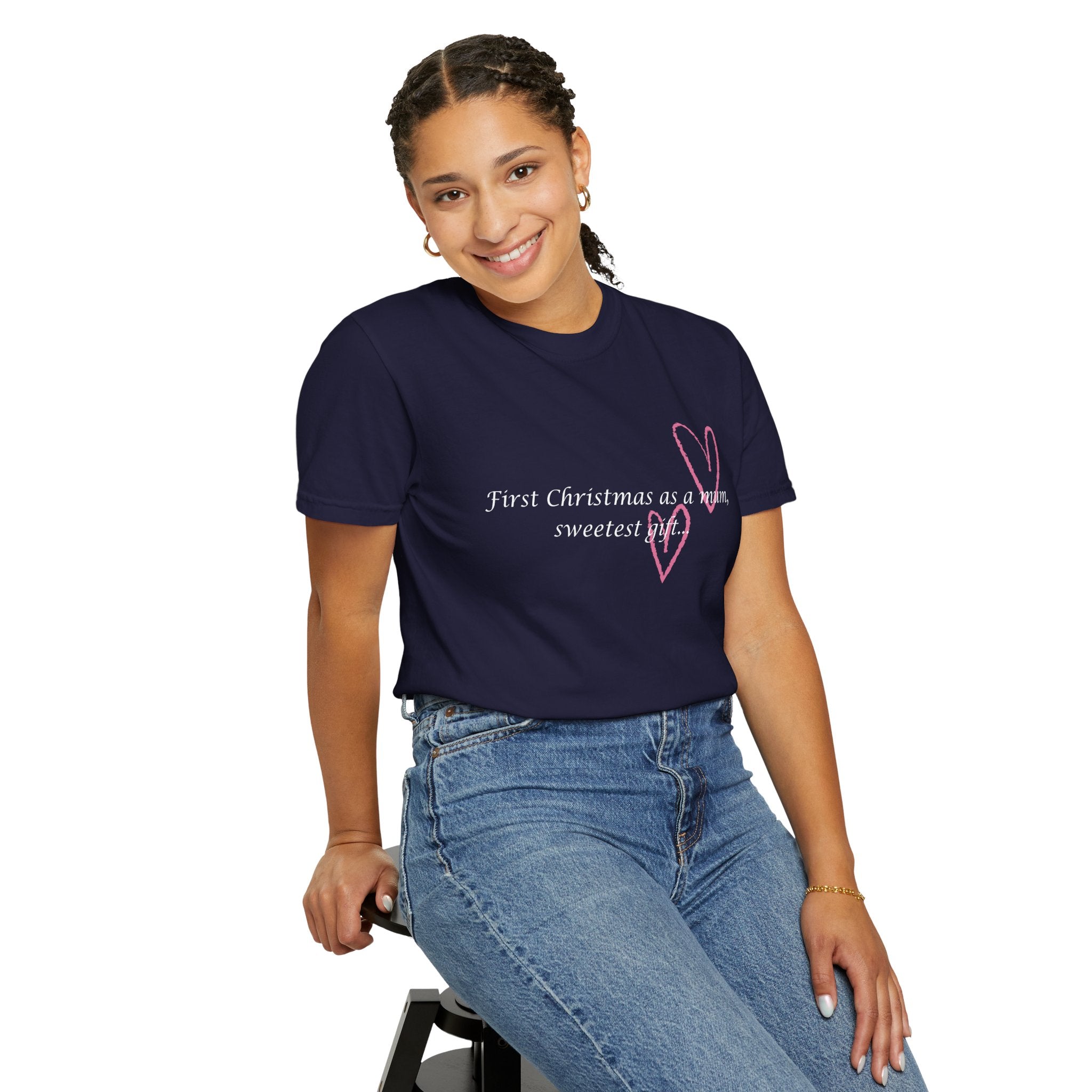 Dark navy Christmas mum T-shirt with pink heart graphic and 'sweetest gift' text