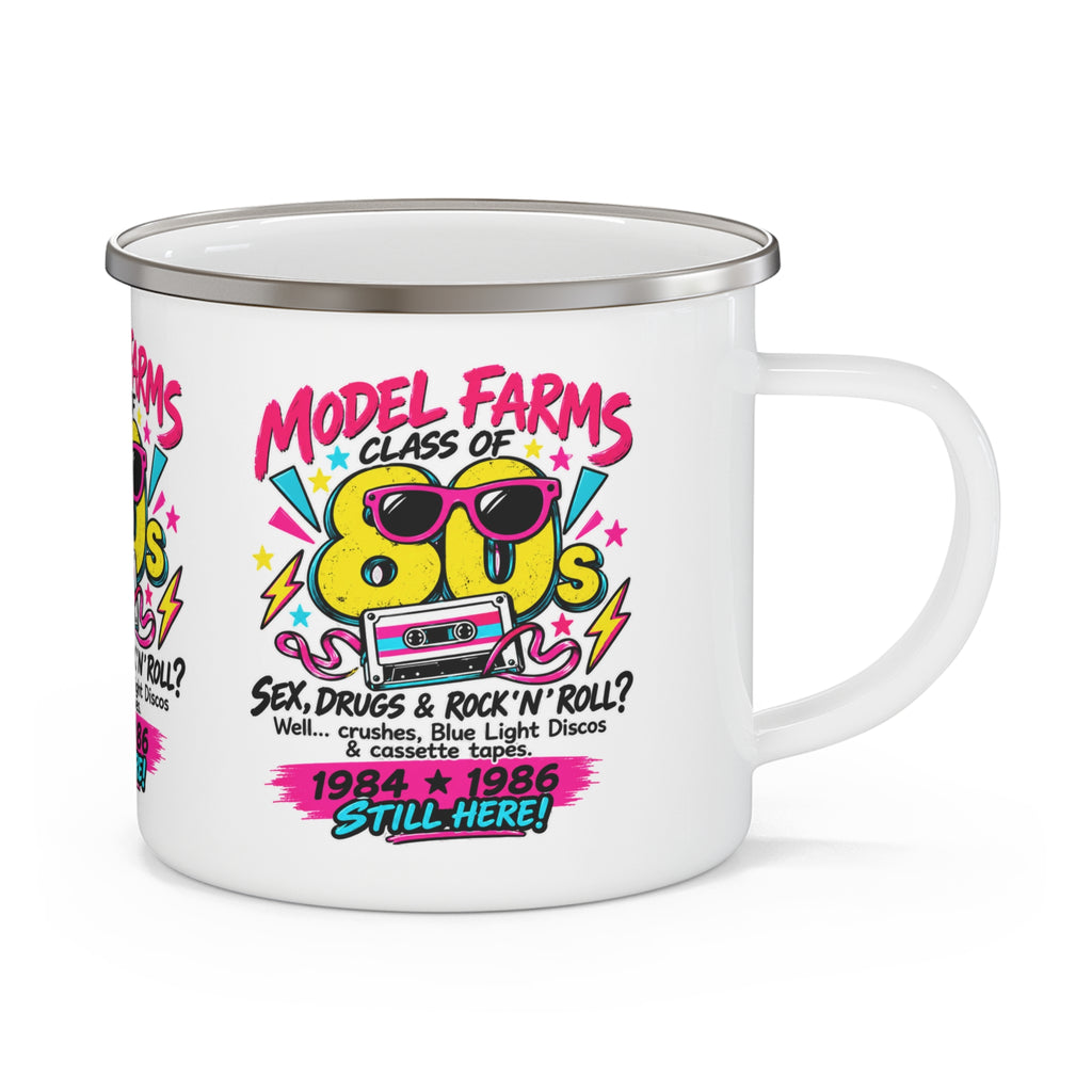 White enamel camping mug with retro cassette graphic and attached white handle