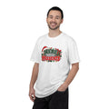 White crewneck Christmas t-shirt with 'Here for the Presents' graphic