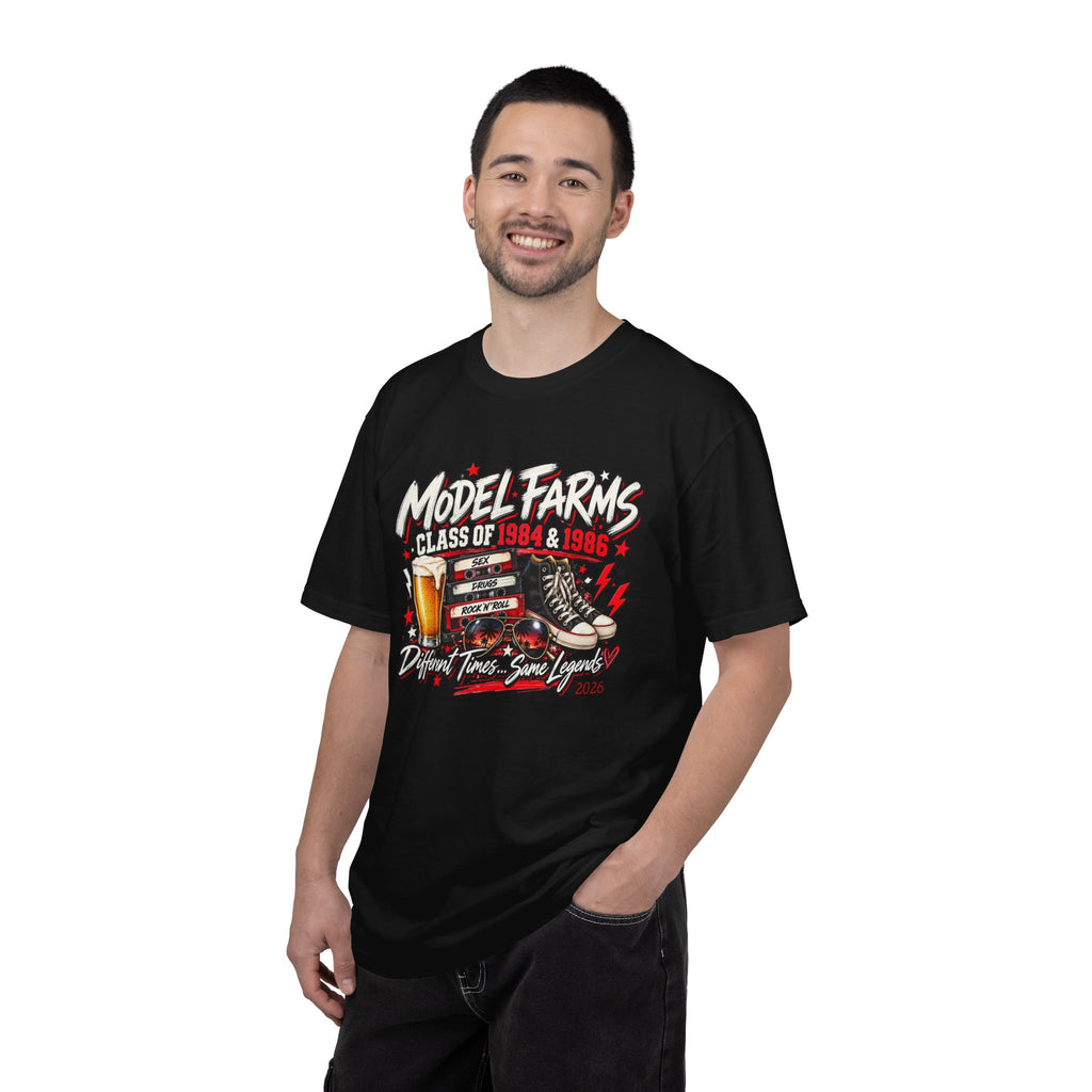 Black crewneck T-shirt with front retro “Model Farms” class graphic logo print on model