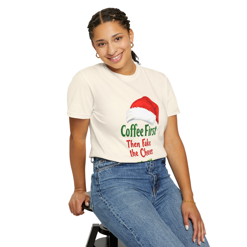 Ivory unisex Christmas T-shirt with Santa hat graphic and Coffee First Then Fake the Cheer text