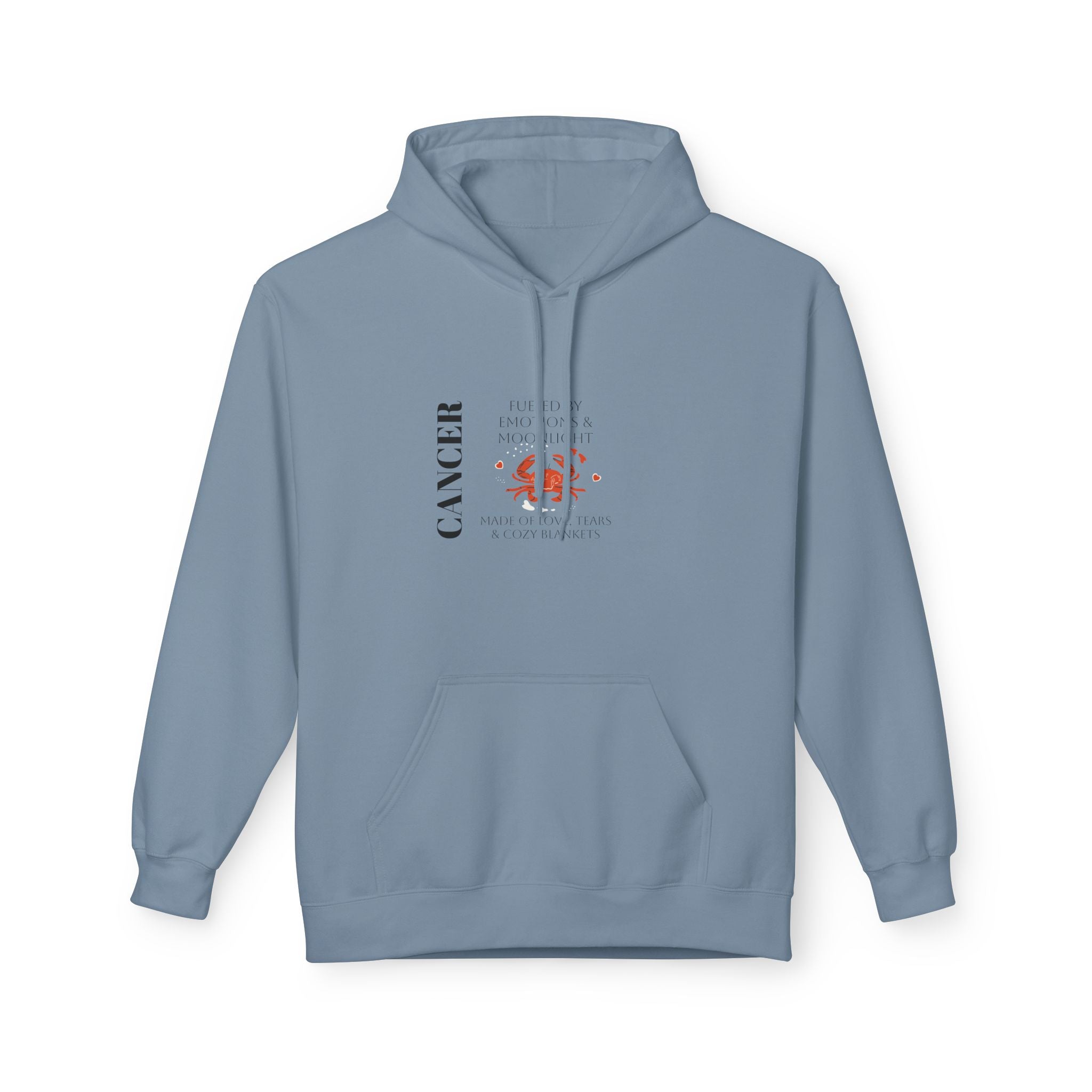 Steel blue hoodie with hood and kangaroo pocket; Cancer constellation graphic on chest