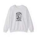 Light gray crewneck sweatshirt with long sleeves and retro skull guitar graphic on front