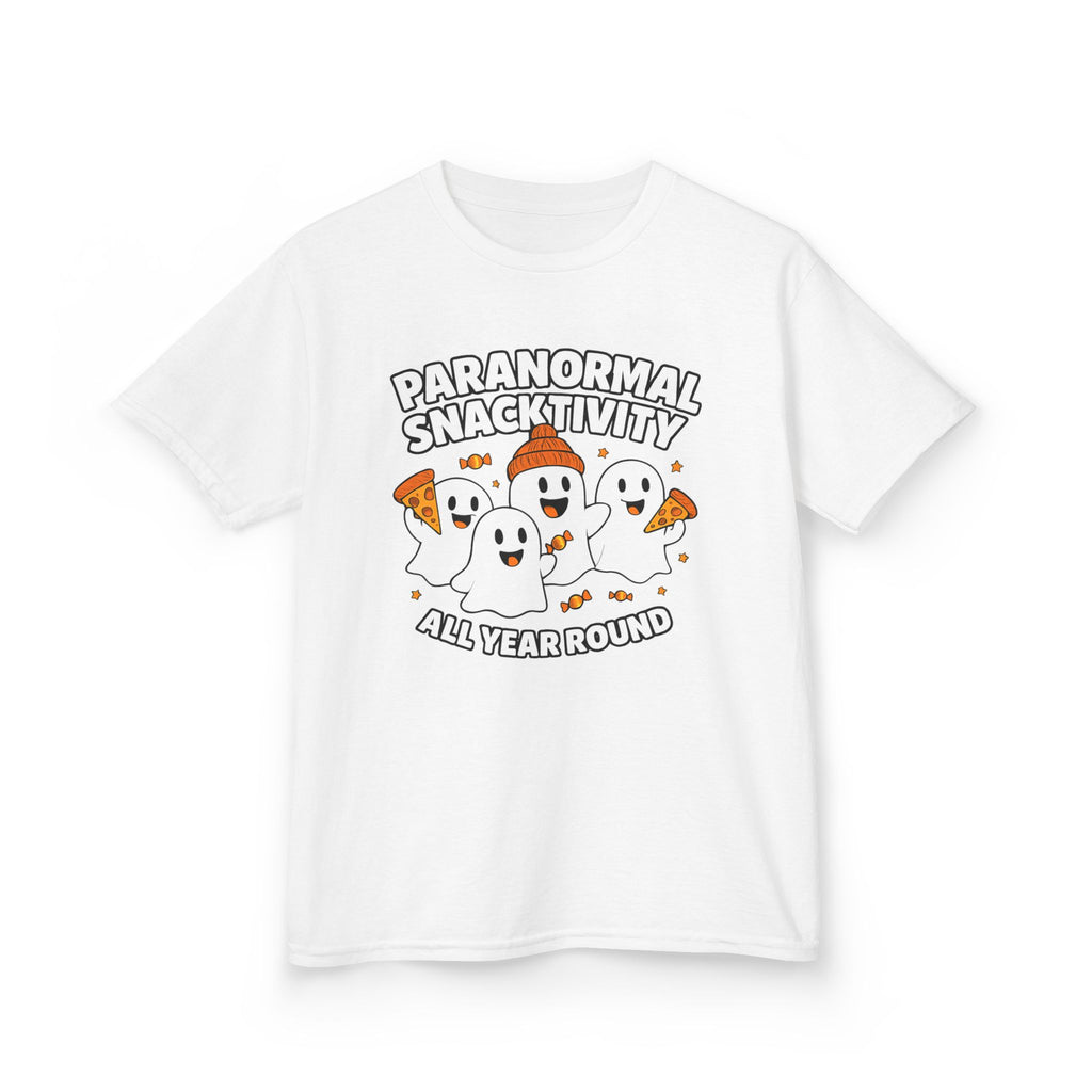 Kids white T-shirt with cute ghost graphic and “All year round” print