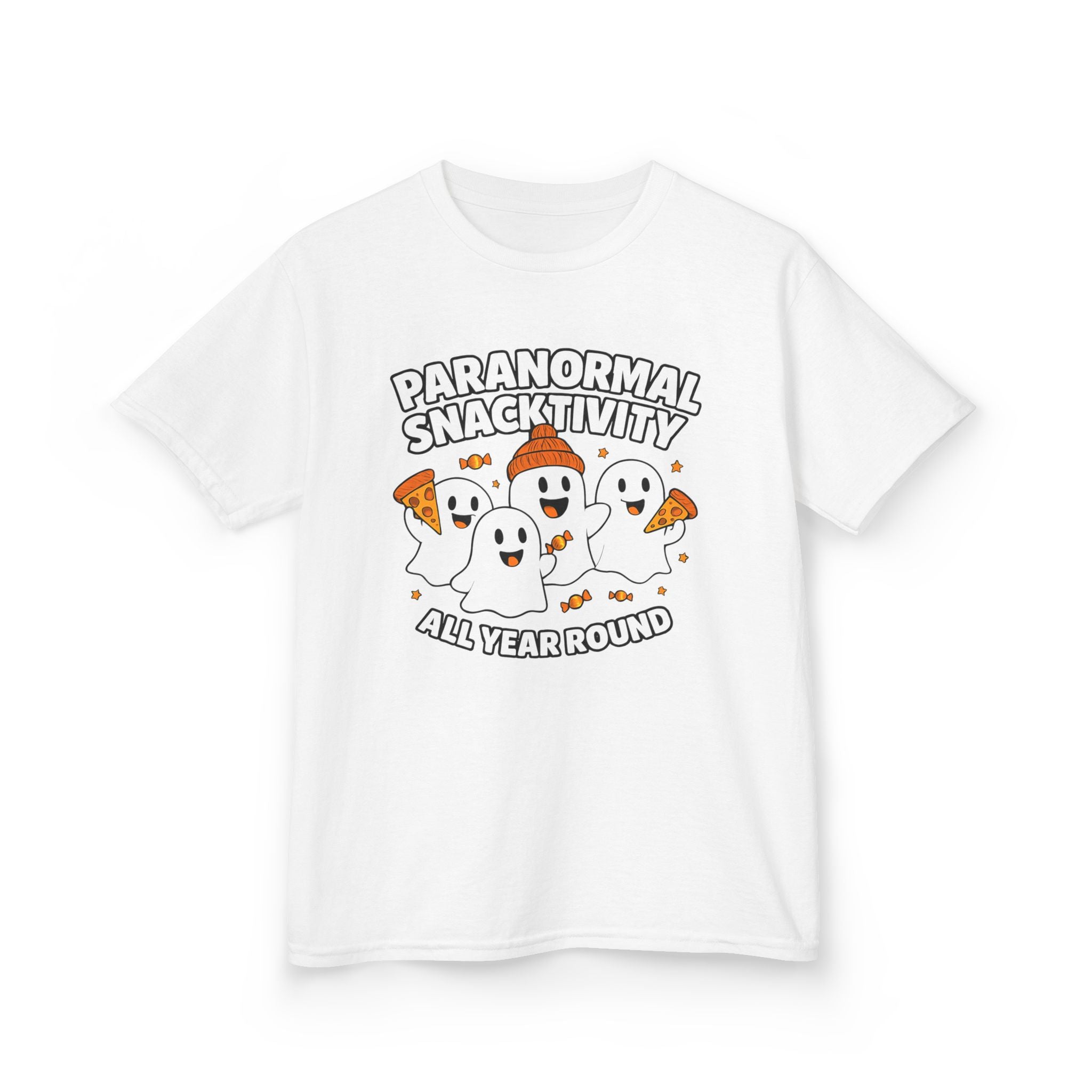 Kids white T-shirt with cute ghost graphic and “All year round” print
