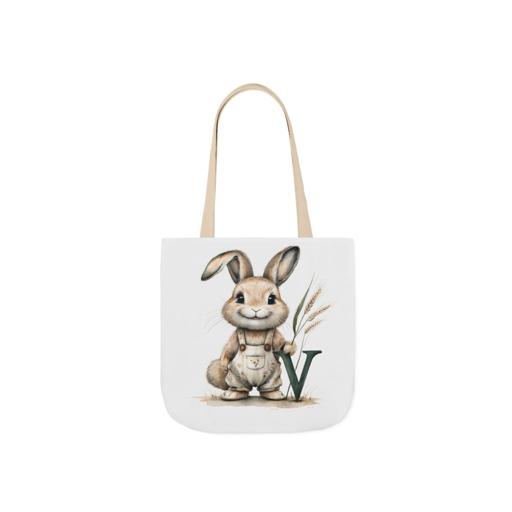 Canvas tote bag with rabbit graphic on white front and beige shoulder straps