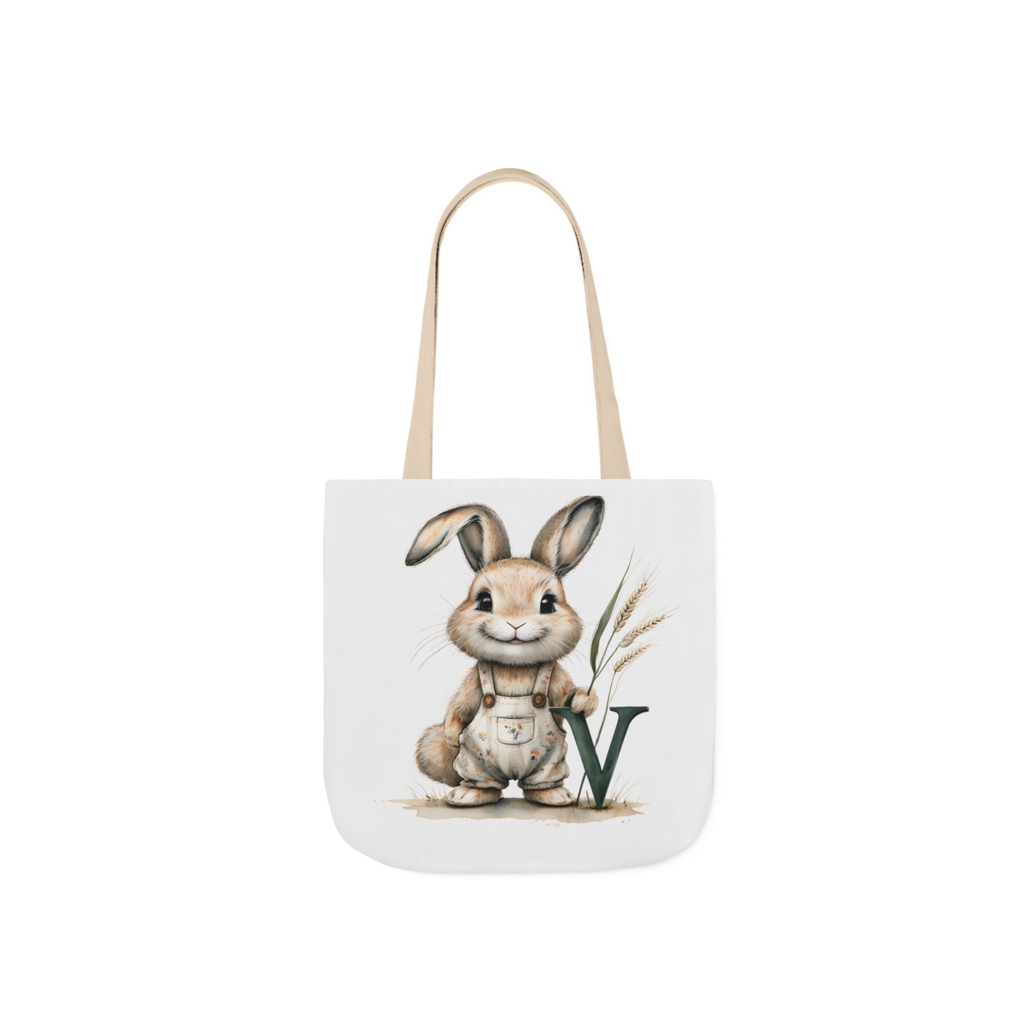 Canvas tote bag with rabbit graphic on white front and beige shoulder straps