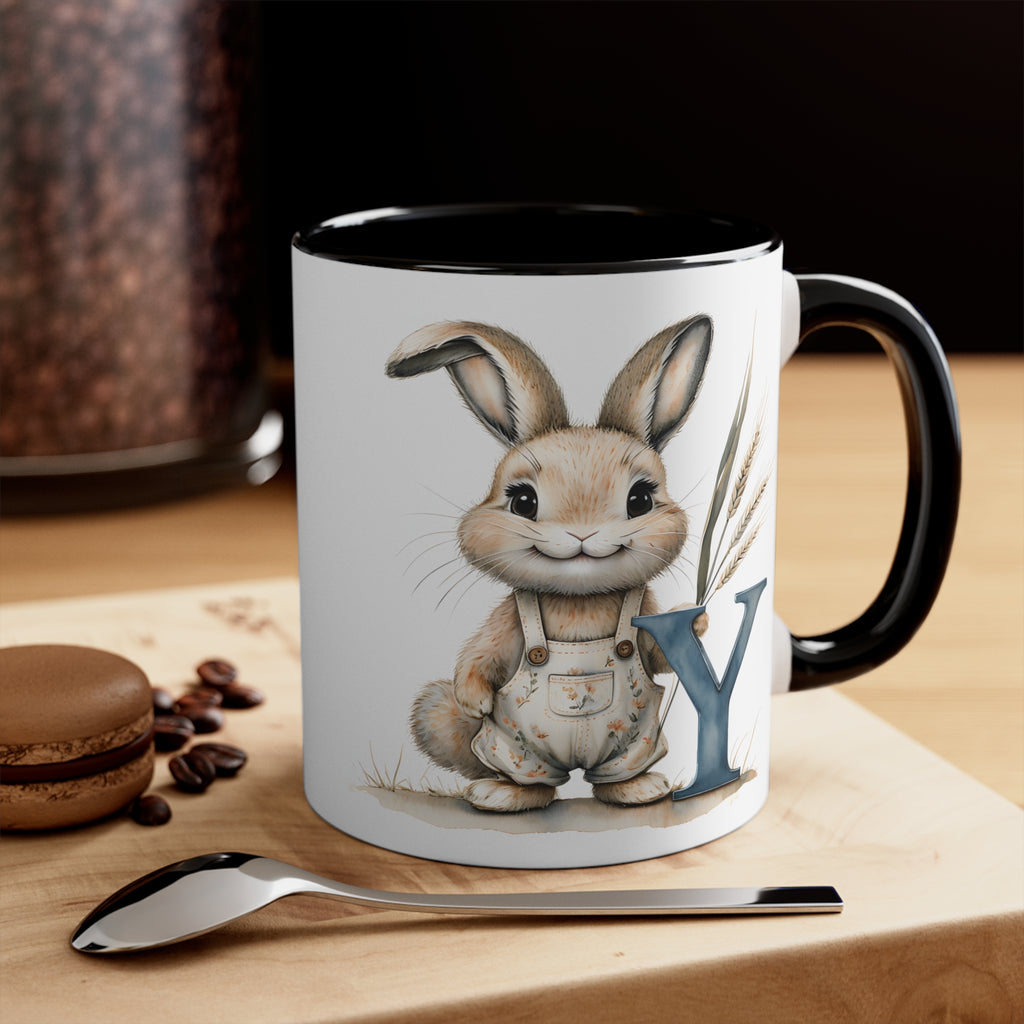 Whimsical Letter Y Bunny Mug - Colorful Accent Coffee Cup for Easter, Spring, Gift for Kids, Ceramic Drinkware, Rabbit Lover's Gift