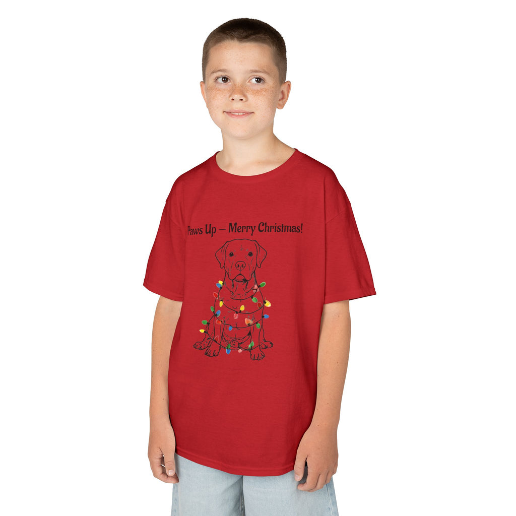 Kids red T-shirt worn by boy; puppy wrapped in colorful Christmas lights graphic