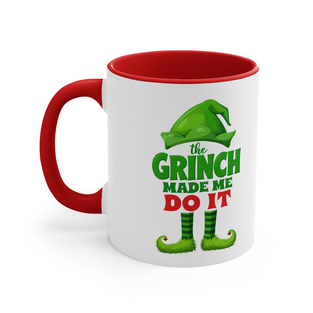 White 11oz Christmas mug, red interior and handle, Grinch 'The Grinch Made Me Do It' print.