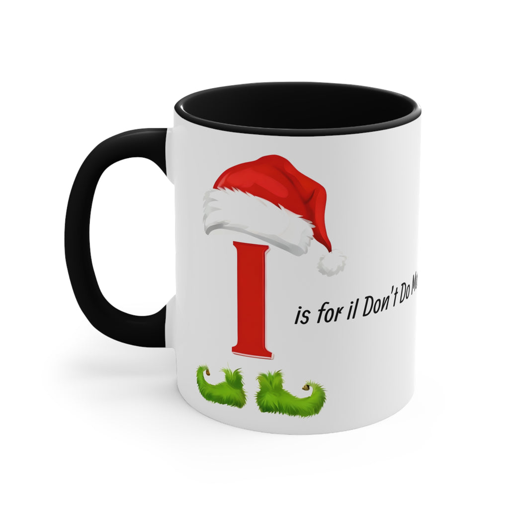 Coffee mug with Santa-hat letter I graphic, black handle and dark interior