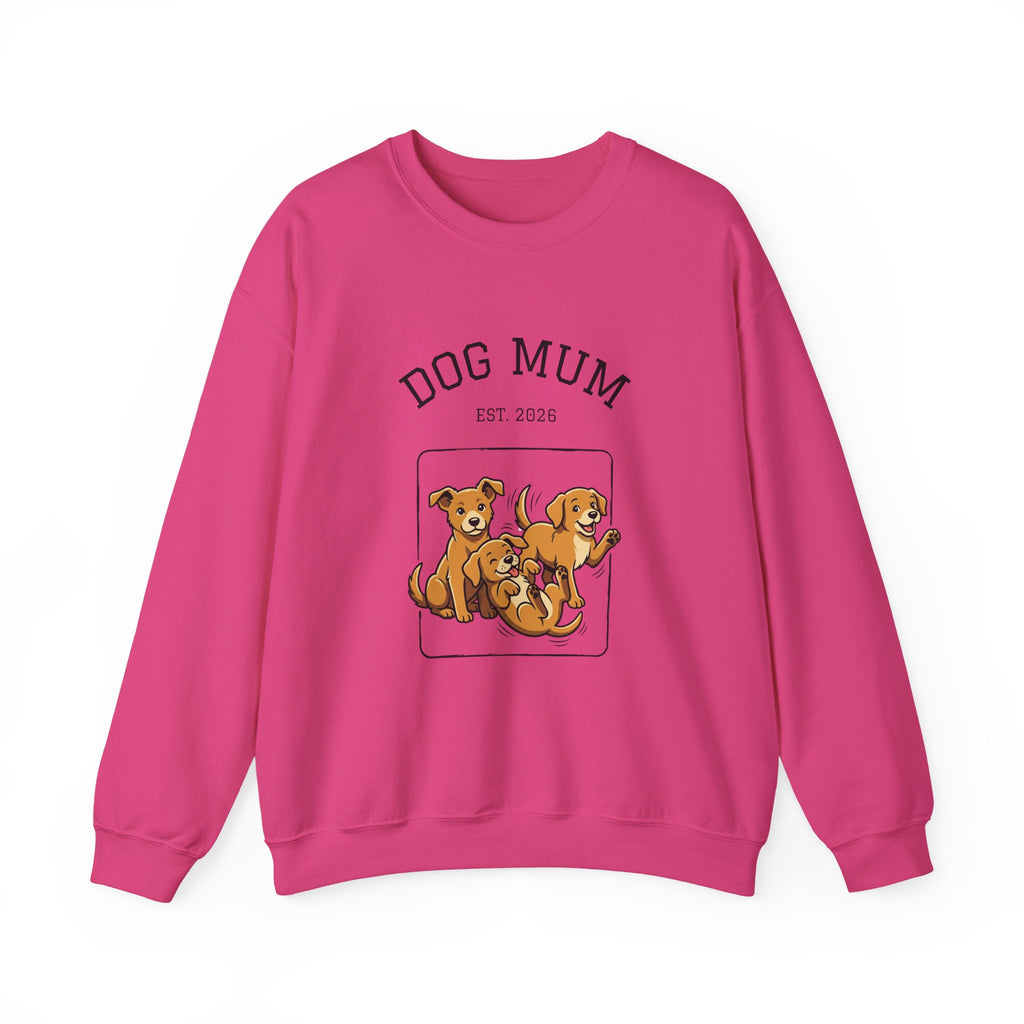 Dark pink dog mum crewneck sweatshirt with “DOG MUM” and group of dogs graphic