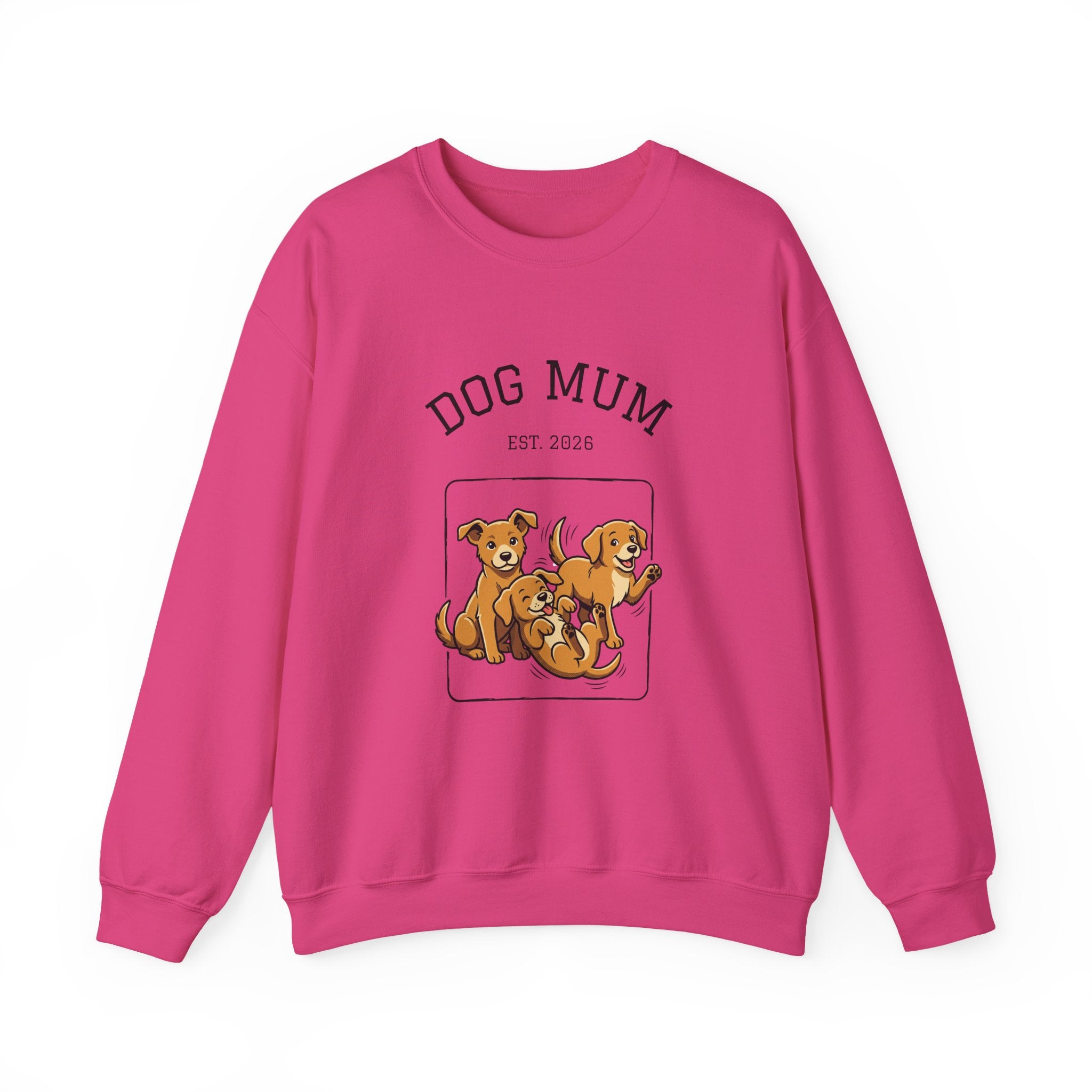 Dark pink dog mum crewneck sweatshirt with “DOG MUM” and group of dogs graphic