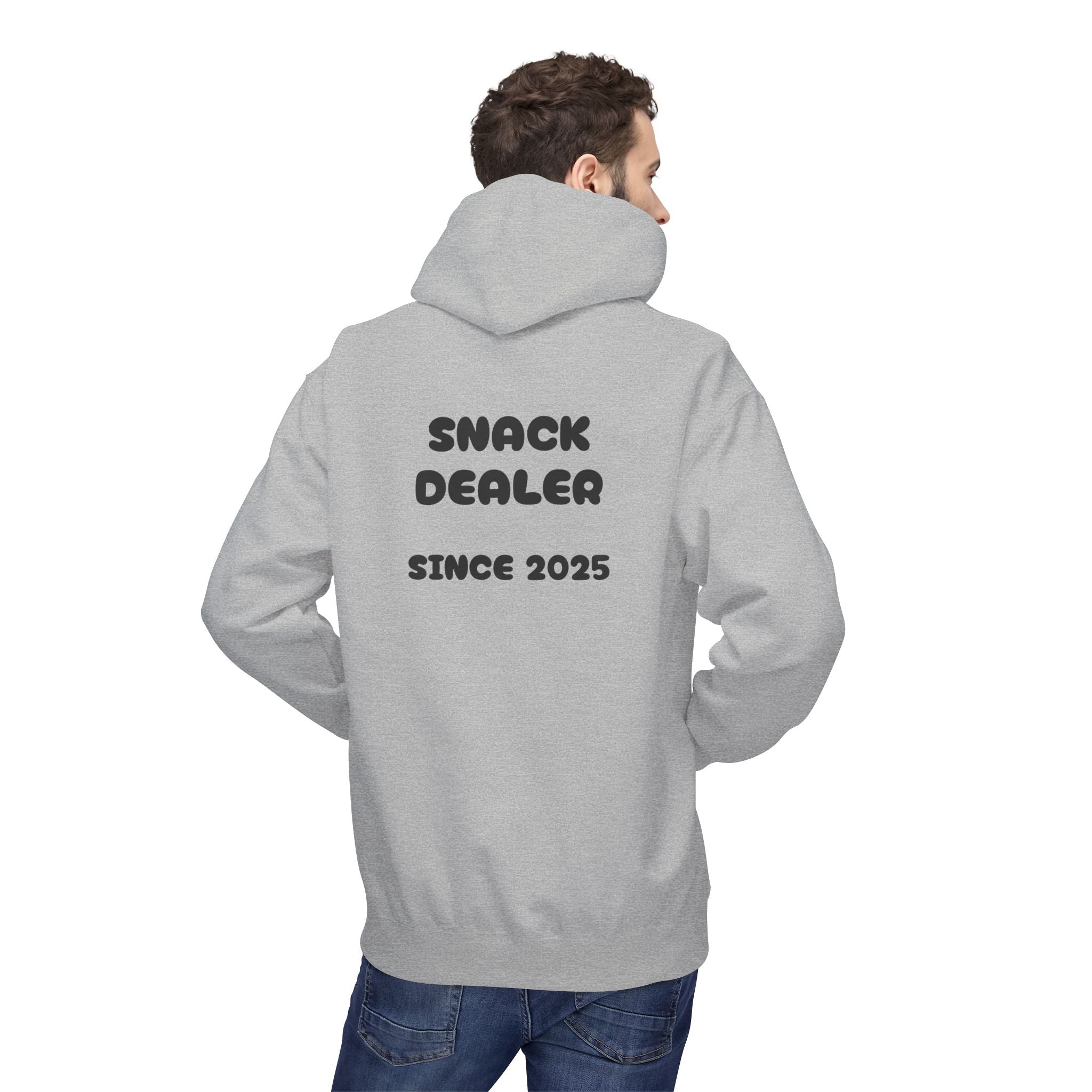 Sport gray hoodie back view with 'SNACK DEALER' and 'SINCE 2025' printed text.