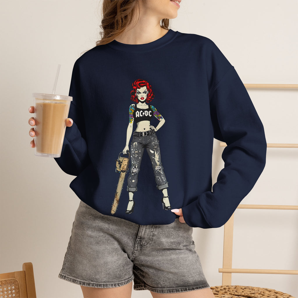Navy crewneck sweatshirt with AC/DC comic character graphic on chest, long sleeves