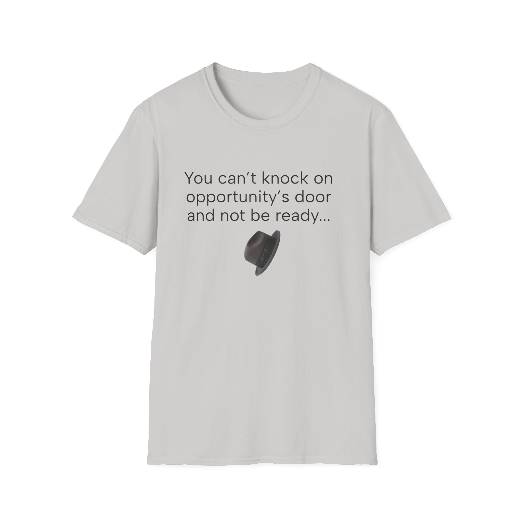 Light gray T-shirt with motivational quote text and door icon graphic on front
