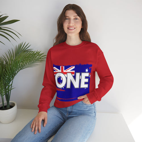 Red crewneck sweatshirt with blue "ONE" Aussie flag map graphic