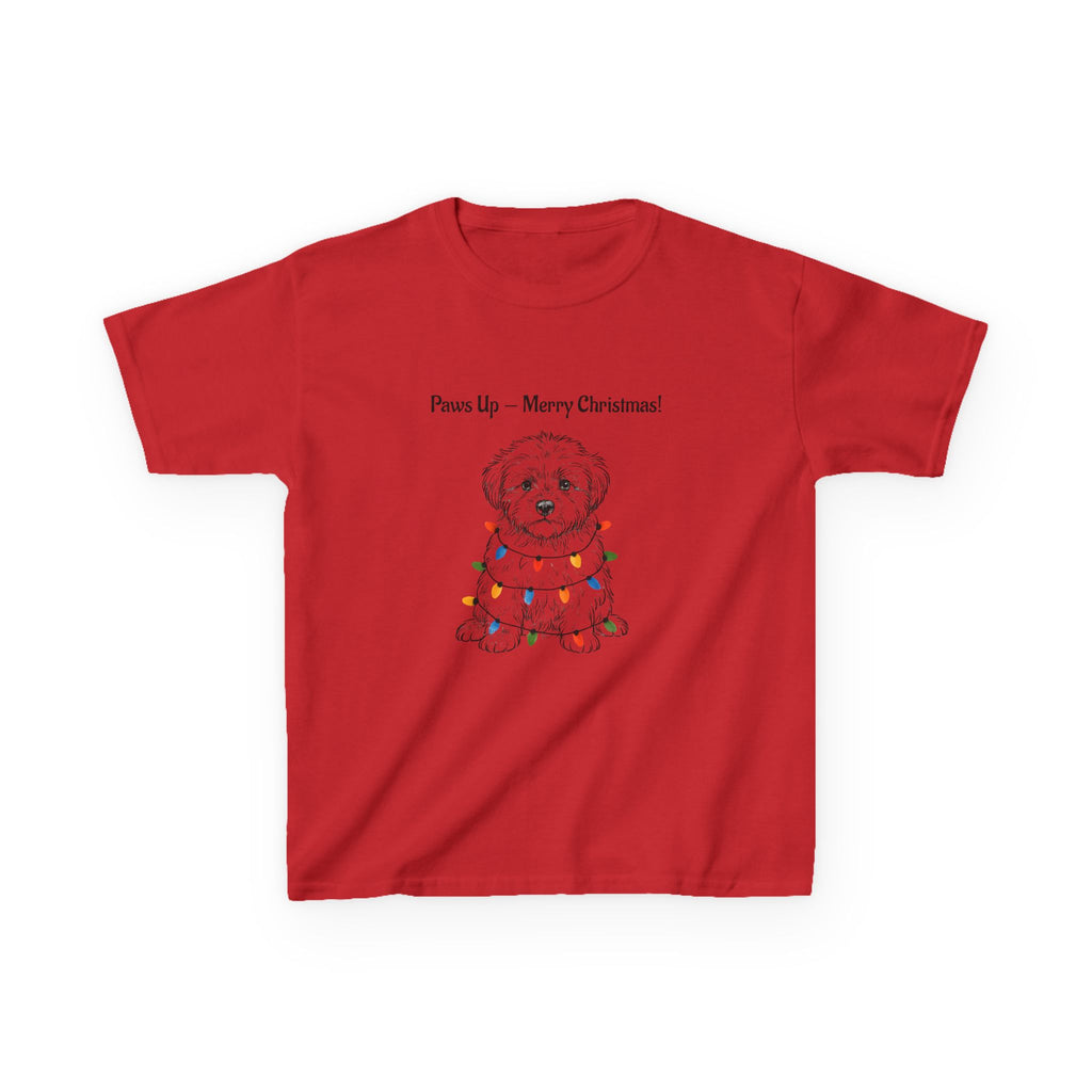 Red kids heavy cotton tee with 'Paws Up — Merry Christmas!' dog graphic