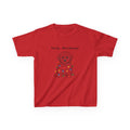 Red kids heavy cotton tee with 'Paws Up — Merry Christmas!' dog graphic